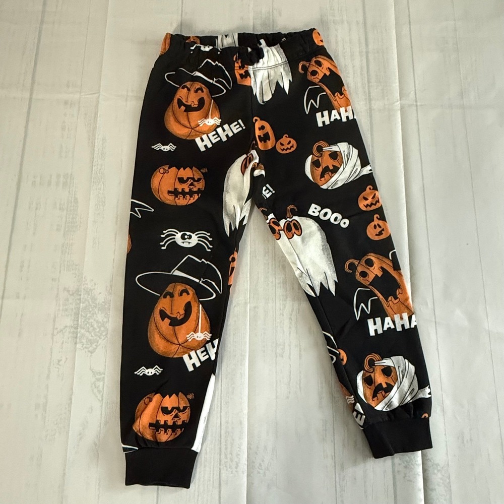 H&M Kids Halloween Joggers Black Pumpkin Ghost Spiders Fleece Pants Size 4T NWT